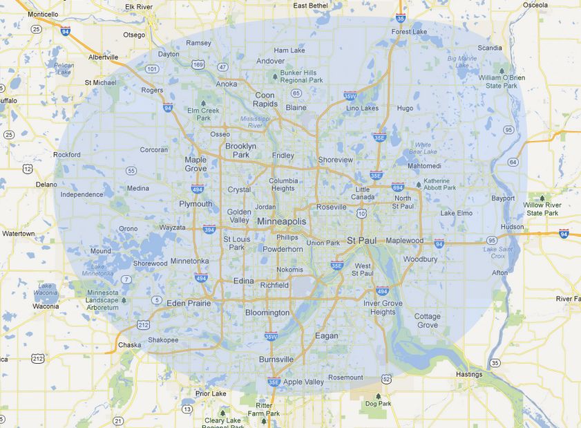 Map of the Twin Cities metro showing London Aire Chimney Services' coverage area